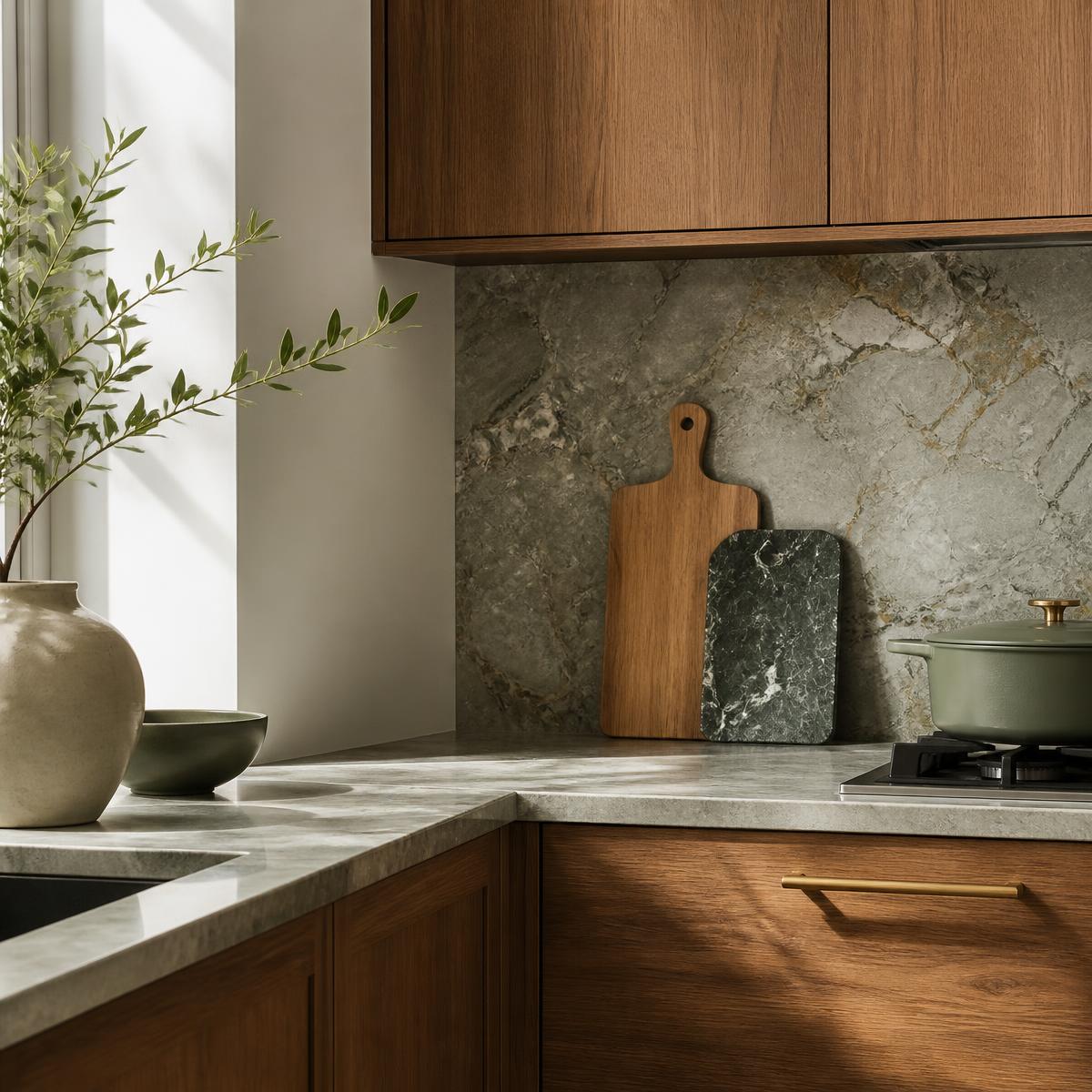 Detail of a renovated kitchen with stone benchtop, timber cabinetry and brass handle